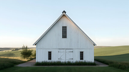 Wisconsin Dairy Barn with white walls and rolling green fields, classic Midwestern farmland