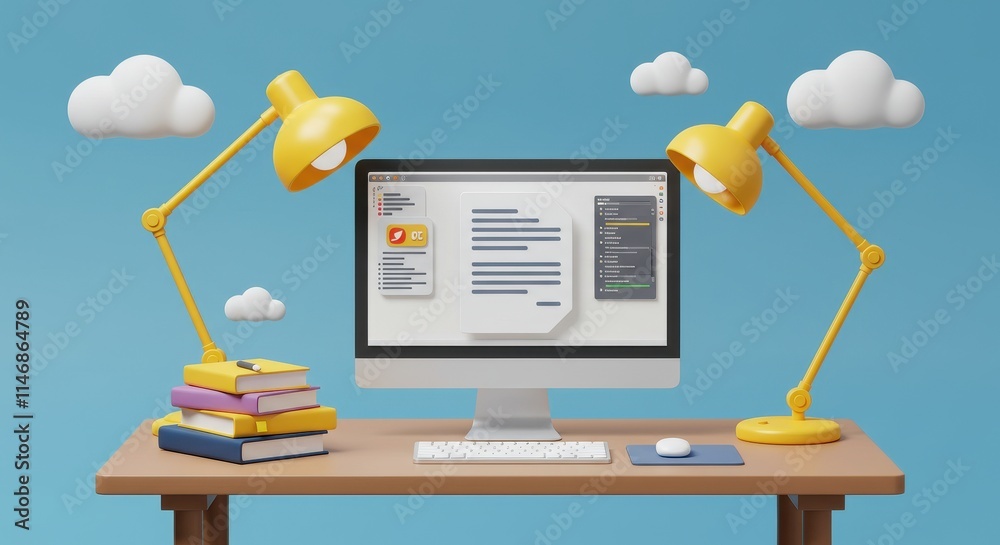 Poster 3d illustration of a desktop computer displaying a document being edited with text and icons