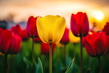 Obraz premium Bright yellow tulip standing among red tulips in a spring tulip field.