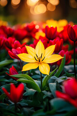 Yellow tulip stands out in a field of red tulips, symbolizing spring.