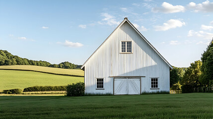 Obraz premium Wisconsin Dairy Barn with white walls and rolling green fields, classic Midwestern farmland
