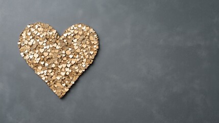 A sparkling golden heart shape made of glittering sequins against a dark gray backdrop, symbolizing love, celebration, and positivity.