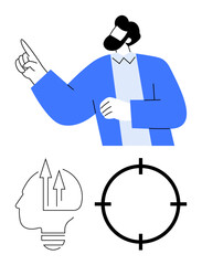 Man with beard pointing upward. Brain with arrows symbolizing growth and innovation. Target indicating focus and precision. Ideal for business, strategy, education, coaching, personal development