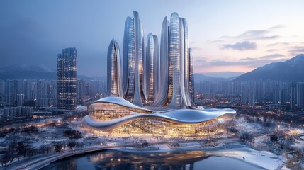 futuristic cityscape characterized. modern architecture. Towering skyscrapers dominate the skyline, featuring smooth, curved lines and reflective glass surfaces. The buildings exhibit blend of organic