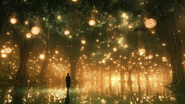 Magical Forest with Glowing Orbs and a Lone Figure: A Serene and Dreamy Atmosphere for Fantasy and Nature Projects