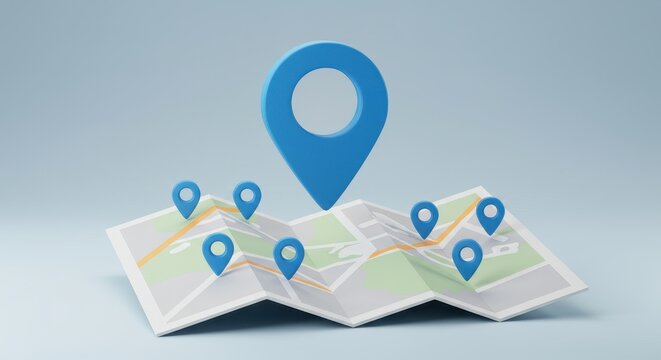 3D illustration of a folded map with multiple blue pins placed across its surface