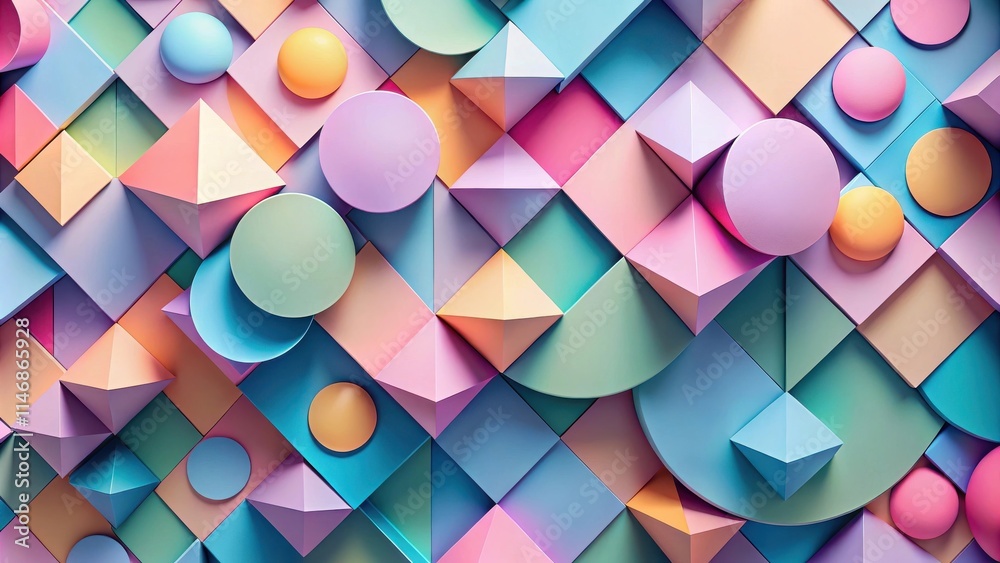 Poster a vibrant mosaic of geometric shapes in pastel hues, creating a playful and abstract composition.
