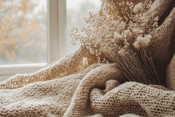 Soft knit blanket and dried flowers by a sunlit window, evoking warmth and coziness in a rustic setting.