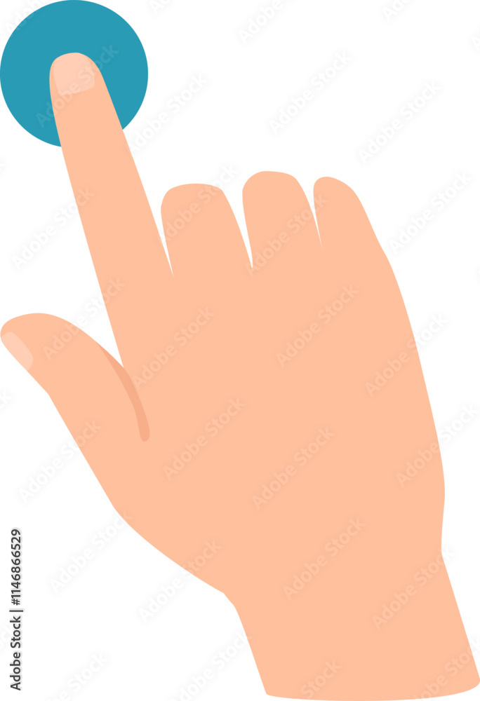 Poster right hand with index finger extended is touching a circular button, symbolizing interaction with a 