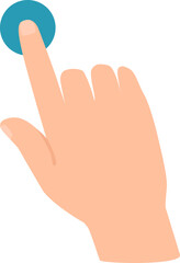 Right hand with index finger extended is touching a circular button, symbolizing interaction with a digital interface, activating a function or making a selection