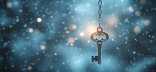 A vintage key hangs against a dreamy, bokeh-filled background.