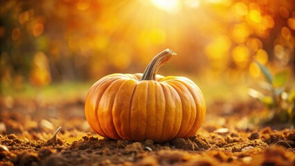 A Single Pumpkin Resting on a Bed of Fallen Leaves in the Golden Light of Autumn
