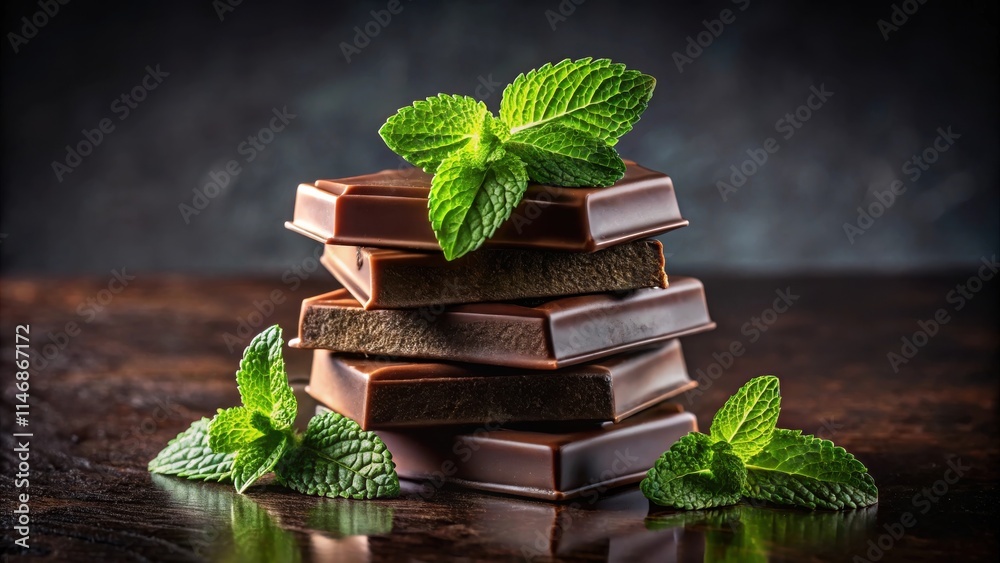 Poster a stack of dark chocolate bars adorned with fresh mint leaves on a rustic wooden surface