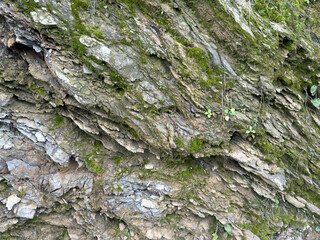 A detailed close-up of layered moss-covered rocks on a mountain slope. This rugged and textured surface showcases the natural beauty of erosion and geological formations, perfect for backgrounds.
