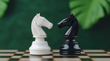 Close-up of a chess game featuring white and black knight pieces, symbolizing strategy and competition on a green background.