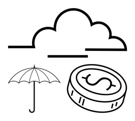 Cloud outline, umbrella, and coin with dollar sign. Ideal for technology, finance, insurance security cloud services weather data protection. Line metaphor. Line metaphor. Simple line icons