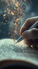 A hand holds a pen, writing in an open book as gears and glowing particles rise into the air, creating a magical atmosphere filled with inspiration and creativity
