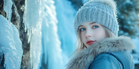 Beautiful young female tourist enjoying the view of frozen winter waterfall in Iceland