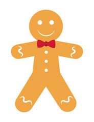 Gingerbread man with red bow tie smiling on white background. Vector illustration