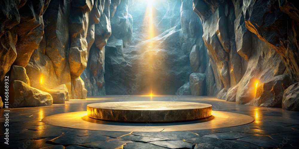 Poster a golden pedestal platform nestled between majestic rock formations, bathed in ethereal golden light