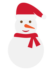 Smiling snowman with santa claus hat and red scarf. Vector illustration