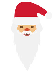Santa Claus face with long white beard and red hat smiling. Vector illustration