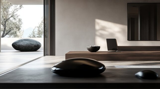 Minimalist interior design with dark stone objects, wooden table, and outdoor view.