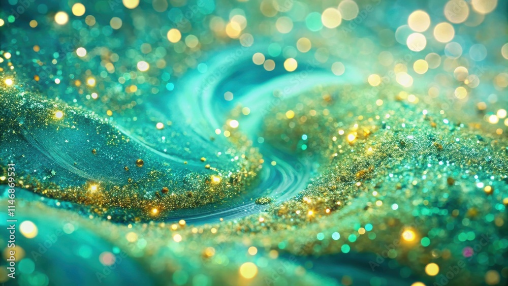 Poster a sparkling turquoise and gold abstract background with a swirling pattern and out of focus lights
