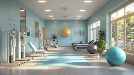 Modern physiotherapy clinic with rehab equipment.