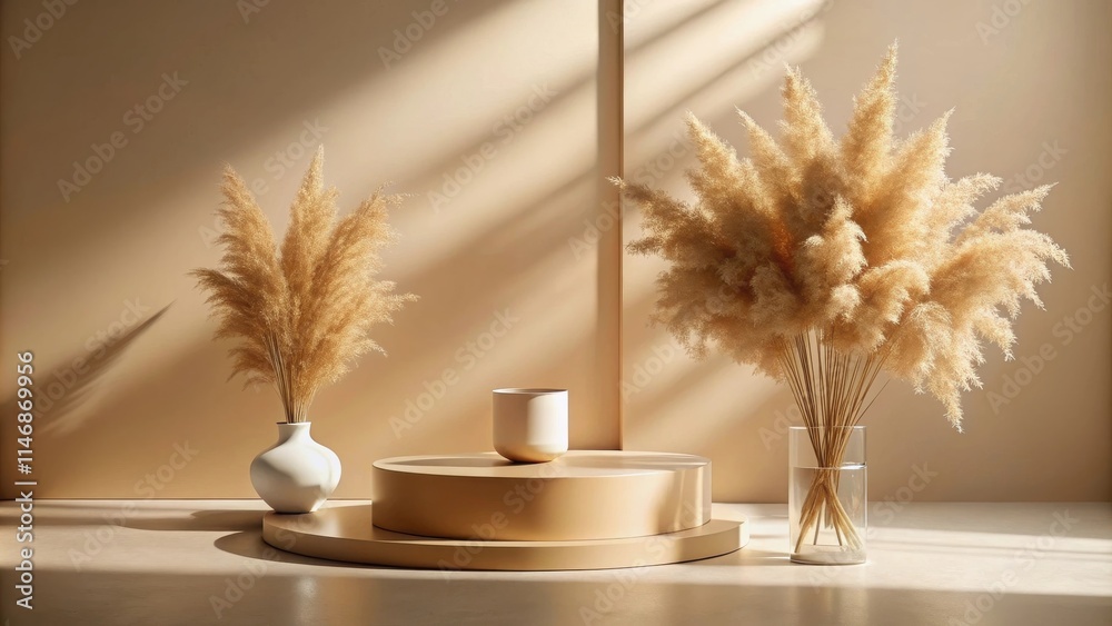 Poster minimalist beige background with dried pampas grass in vases and a cylinder on a platform