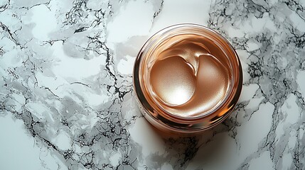 Minimalist skincare cream jar with a rose gold lid, positioned on a marble background