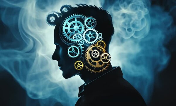 A silhouette of a person with gears and smoke, symbolizing thoughts and creativity.