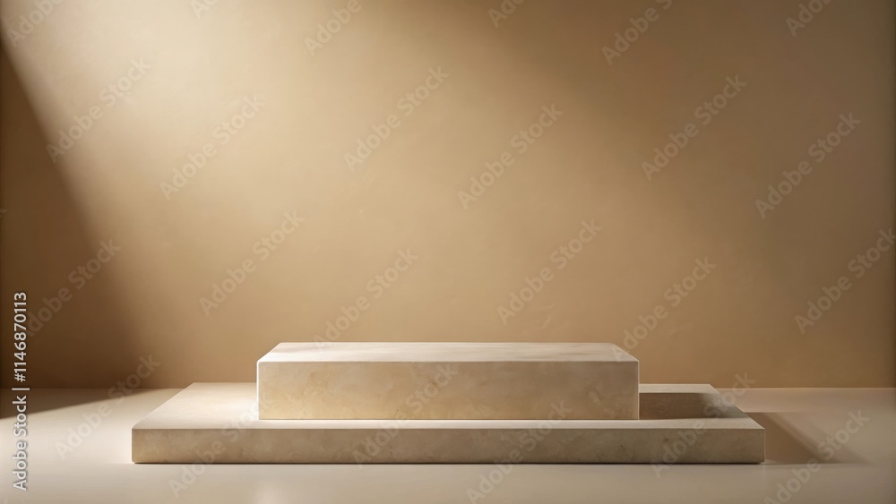 Aufkleber minimalist stone podium against a warm beige background with subtle light and shadow play