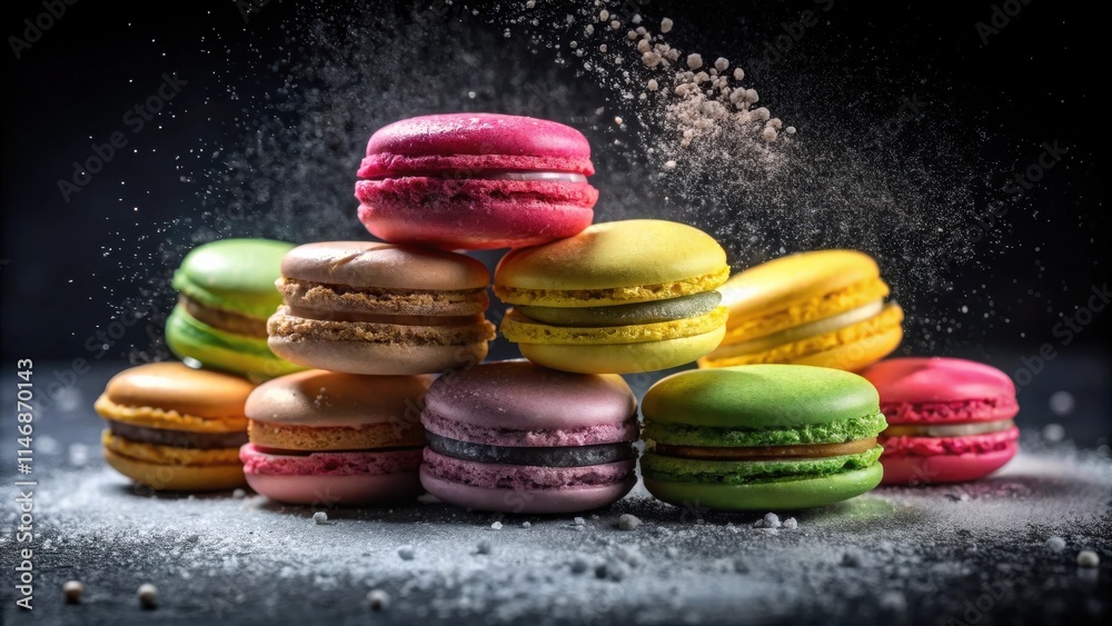 Poster A vibrant collection of colorful macarons, arranged in a pyramid, dusted with powdered sugar, creating a delightful visual symphony of texture and taste.