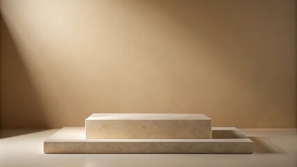 Minimalist Stone Podium Against a Warm Beige Background with Subtle Light and Shadow Play