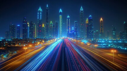 Vibrant night view of dubai skyline with light trails