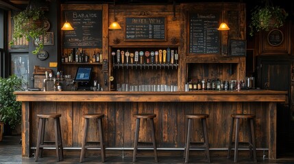 Rustic bar interior with wooden decor and warm lighting highlights cozy atmosphere
