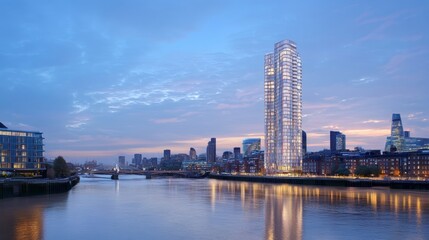 Obraz premium A modern skyscraper along a riverbank at dusk, showcasing urban architecture and skyline.