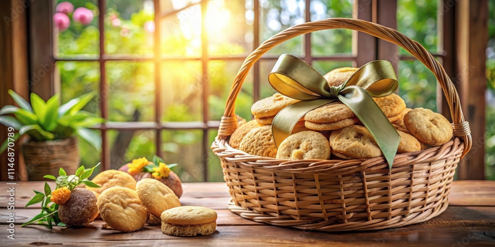 Poster a wicker basket filled with freshly baked cookies, tied with a green ribbon, sits on a wooden table 