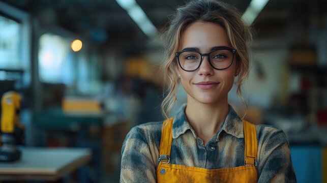 Confident female carpenter in workshop with glasses and plaid shirt - Powered by Adobe