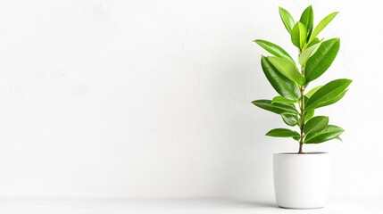 Single green plant in white pot against white wall.