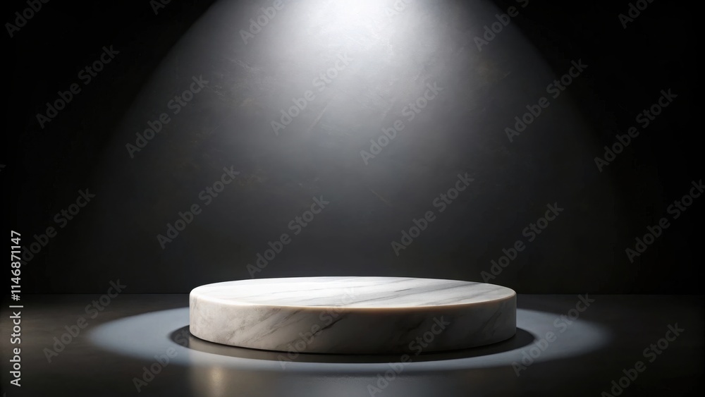 Poster A Single Circular Marble Platform Under a Focused Spotlight, Creating a Dramatic Presentation Setting for Products