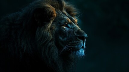 Naklejka premium Portrait of a majestic lion with a thick mane in the wild, capturing the strength and beauty of nature in its natural habitat