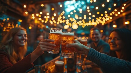 Friends celebrating with craft beer toast at cozy outdoor night gathering