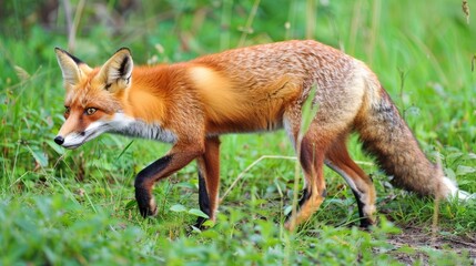 Red fox standing in lush green forest meadow surrounded by tall grass and vibrant trees, natural wildlife habitat in a peaceful woodland setting