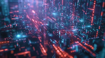 Fototapeta premium Abstract Digital Cityscape: Neon Lights and Circuitry