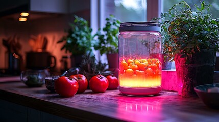 AI-powered assistant displaying a holographic cooking recipe guide, glowing on a kitchen counter
