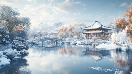 Obraz premium A serene winter landscape featuring a traditional pavilion by a snow-covered lake, surrounded by trees and soft clouds.