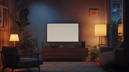A mockup an empty white screen on the wall in front a TV, a living room with dark gray walls and wooden furniture, soft lighting from lamps, a comfortable armchair next to it, minimalistic decor