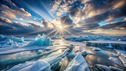 A sunburst peeks through clouds over a frozen sea, illuminating the ice floes with a ethereal glow.